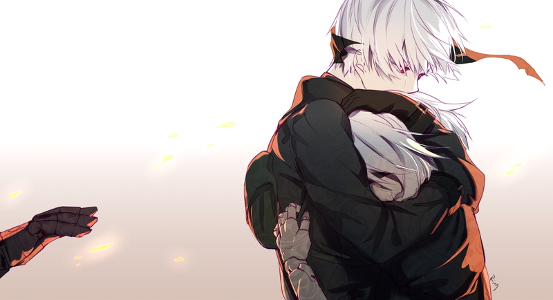 obscured face, yorha no. 2 type b, sunlight, young women, nature, young adult, yorha no. 9 type s, women, anime style, sky, Anime, real people, low angle view