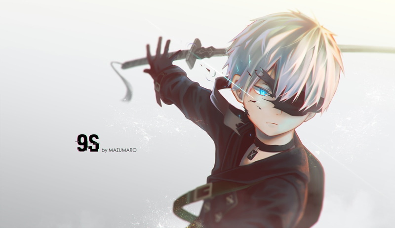 720P, day, anime style, white background, art and craft, yorha no.9 type s, sword, close-up, blue eye, gesturing, Anime, indoors, one person, creativity