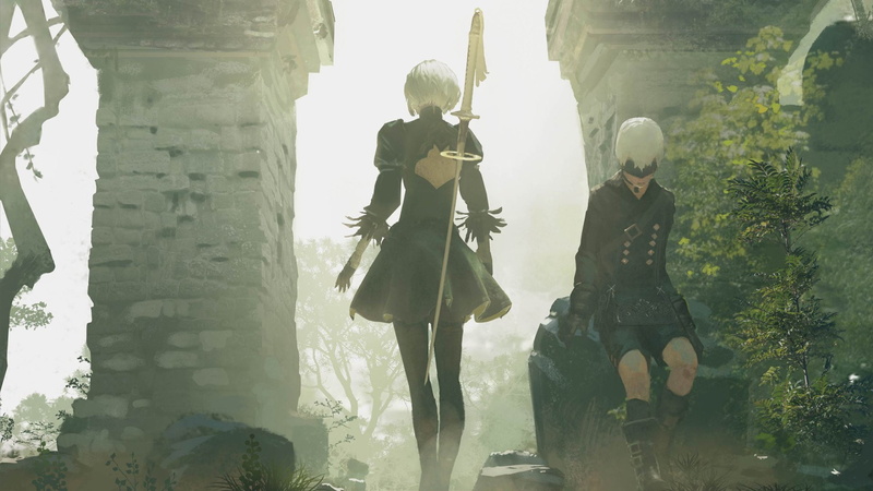 architecture, YoRHa No.9 Type S, togetherness, child, sister, clothing, two people, costume, females, childhood, outdoors, full length, men, NieR: Automata
