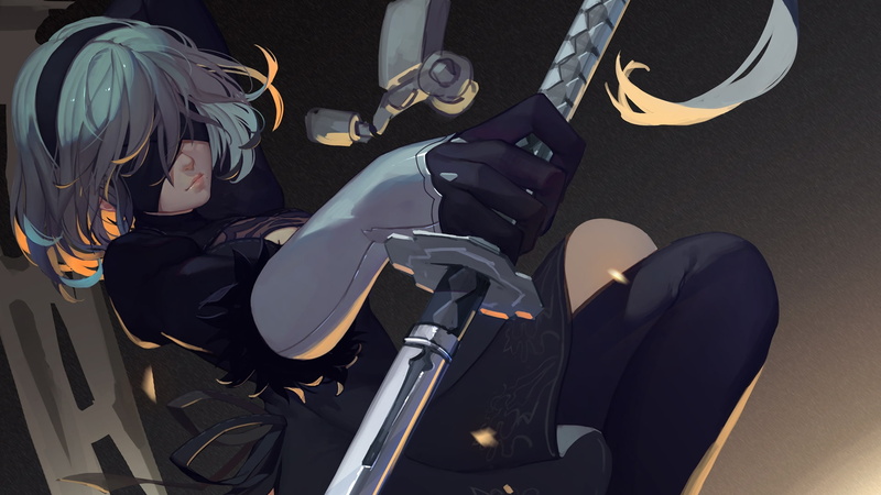 1080P, yorha no.2 type b, white hair, nier: automata, katana, mask, anime games, Anime