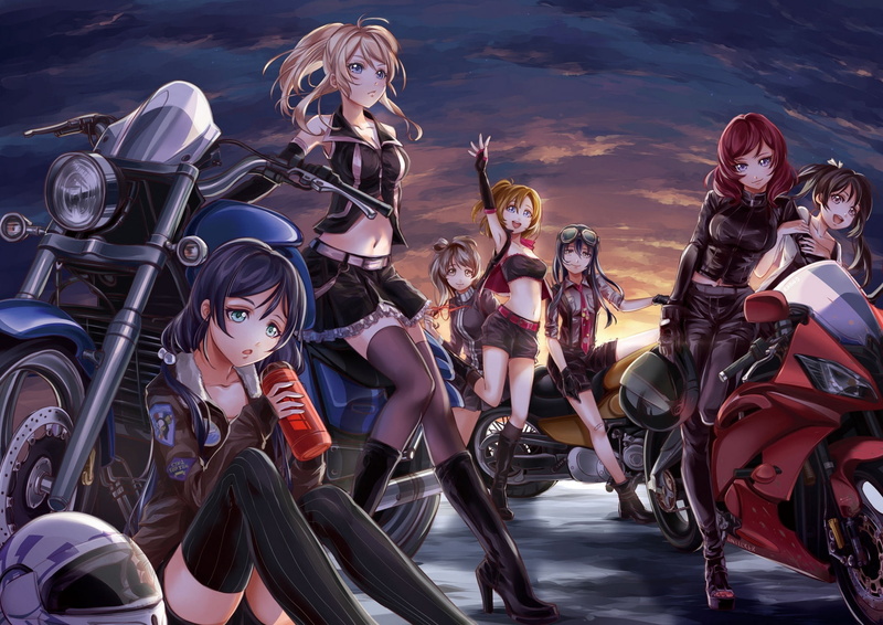 art, motorcycles, sunset, land Vehicle, minami kotori, illustration, kousaka honoka, characters, ayse eri, full length, nature, riding, the sky, men, driving