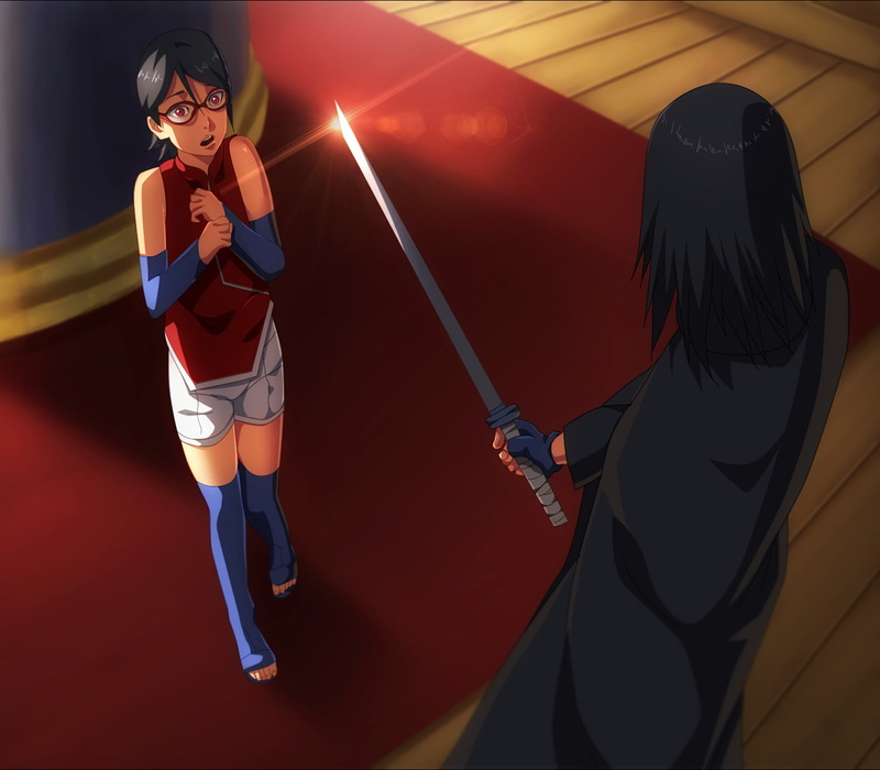 Naruto, motion, facing, holding, sword, illuminated, Anime, girl, Sarada Uchiha, people, 720P, Sasuke Uchiha, Boruto: Naruto the Movie, indoors, lifestyles
