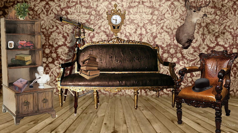 books, parlor, telescope, couch, house, renaissance, padded, invite, room vintage, room, floor, futon, 1080P, brass, deer head, chair, frame, brown