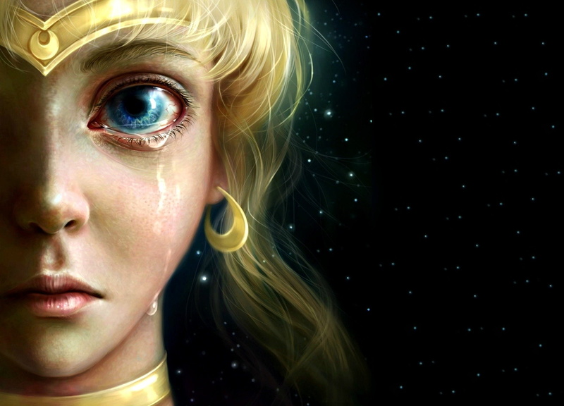 tear, eye, Manga, stars, serenity, Princess, Blonde, Luminos, blue, Sailor, anime, face, girl, fantasy, night, art, Uminos, Moon, 1080P, Realistic, Luna