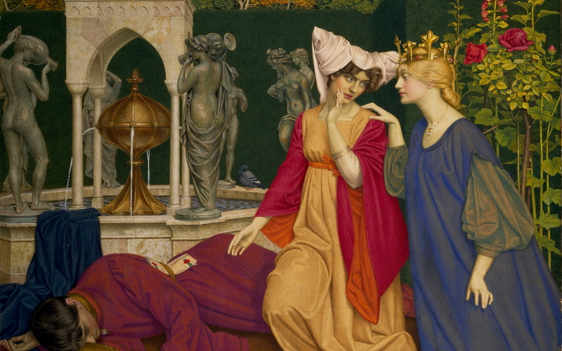 male likeness, statue, female likeness, 720P, man, indoors, girl, yellow, architecture, representation, joseph edward southall, mural, The substitution of the letter