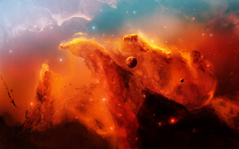 abstract, planets, nebula, stong, painting, 2K, background, orange