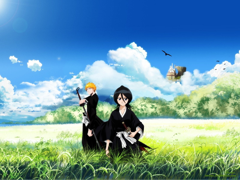 orange, landscapes, clouds, kuchiki, hair, boys, bleach, black, 720P, kurosaki, katana, weapons, girls, ichigo, manga, birds, anime, rukia