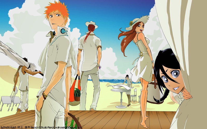 Inoue Orihime, Yasutora Sado, anime girls, Bleach, manga, beach, Kurosaki Ichigo, anime boys, Abarai Renji, Kuchiki Rukia, Ishida Uryu, 1080P