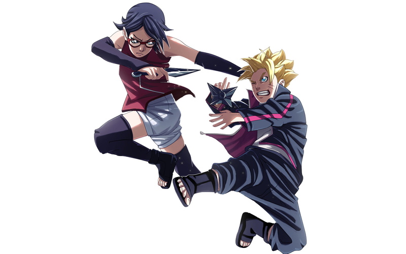 Sarada Uchiha, motion, excitement, Boruto, 1080P, white background, people, women, young men, vitality, Anime, studio shot, lifestyles, Boruto Uzumaki