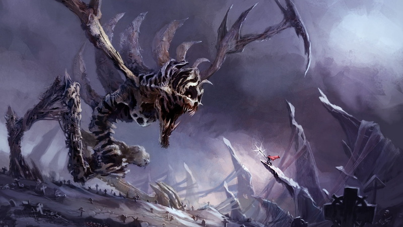 cloak, dark, weapon, fantasy, monster, artwork, cemetery, fantasy art, 1080P, spear, battle, Creature, digital art, warrior, crosses
