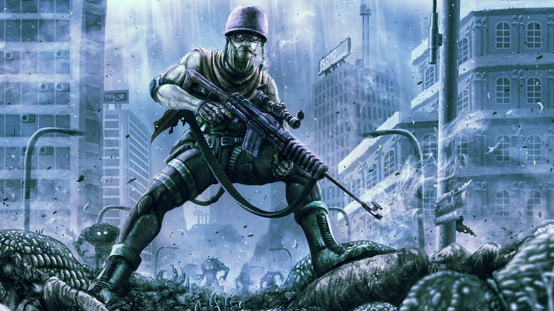 art, warrior, weapons, sci, soldier, cities, war, guns, mech, fi, monsters, battle, buildings, 1080P, Dark, creatures, military