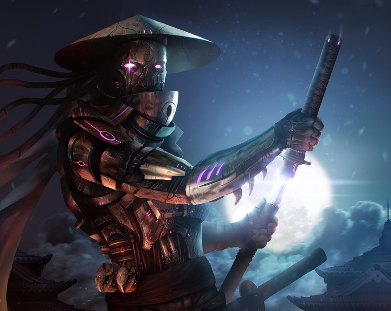Moon, Katana, sword, Rpbot, cyborg, samurai, fantasy, fi, robot, sabre, warrior, 2K, sci