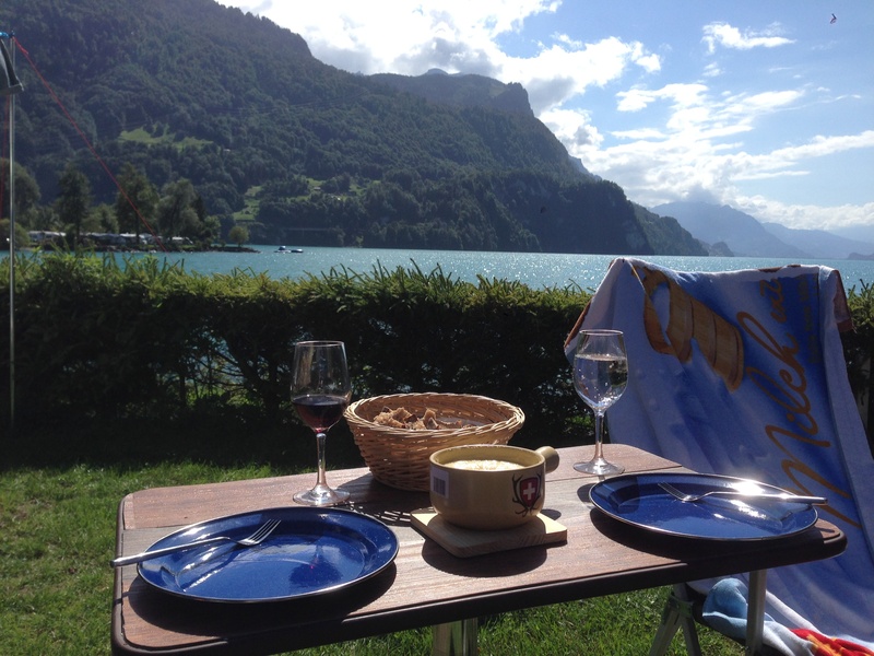 holidays, scenics - nature, camping, switzerland, outdoors, dinnerware, crockery, no people, tranquility, day, mug, table, mountain, lake, fondue, plant