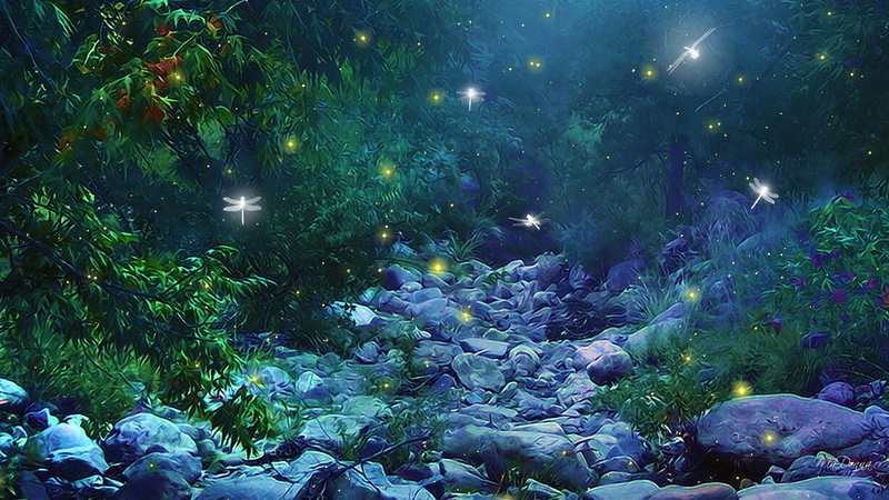 lights, woods, insects, nature, trees, fantasy, art, magic, glow, green, firefly, night, forest, 1080P