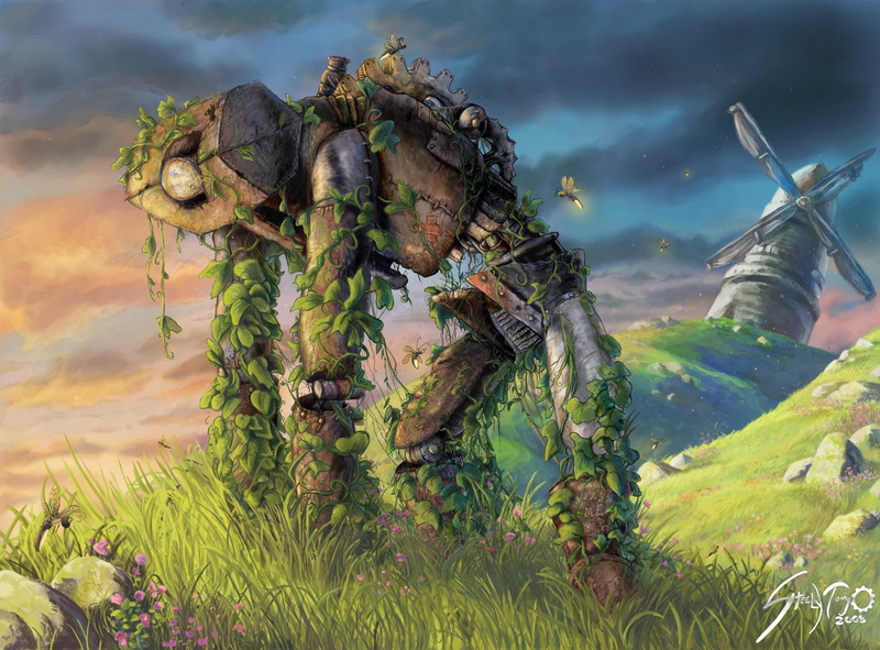 2K, fireflies, vines, hills, fantasy art, windmill, robot