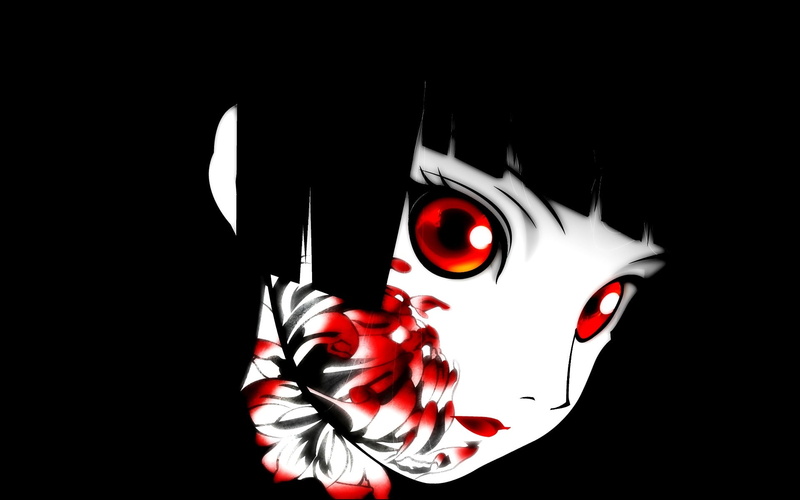 Highres, black hair, red eyes, Hell girl, bloody, art, 1080P, chrysanthemum, void, Jigoku Shoujo, Enma Ai, darkness