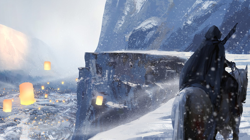 architecture, frozen, snowing, cape, hoodie, warm clothing, transportation, building, 1080P, winter, snow, water, extreme weather, Fantasy, day, city