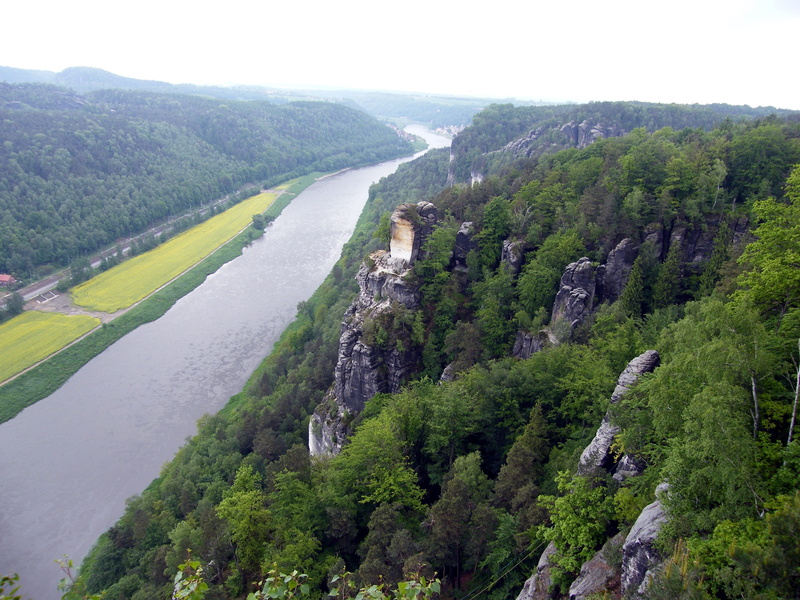 outdoors, elbe sandstone mountains, green color, Bastei, beauty in nature, nature conservation, plant, cross, landscape, high angle view, water, elbe, growth