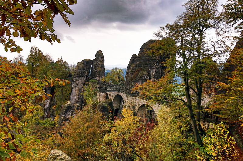 old, ancient, autumn, built structure, the past, tree, sky, change, bastei, fortress, bohemia, leaves, ruined, forest, color, bridge - man made structure