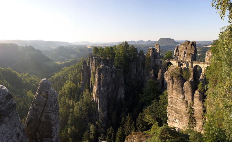 Europe, brown, mountains, non-urban scene, saxony, landscape, Bastei, rock - object, travel destinations, Bridge, tree, Germany, ancient civilization, 2K