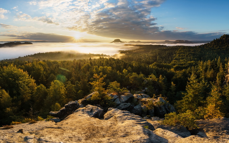 Elbe Sandstone Mountains, mountains, forest, sky, green, saxon, 2K, panorama, dawn, Germany, elbe, sandstone, mountain, blue, sunrise, Saxony, sunset
