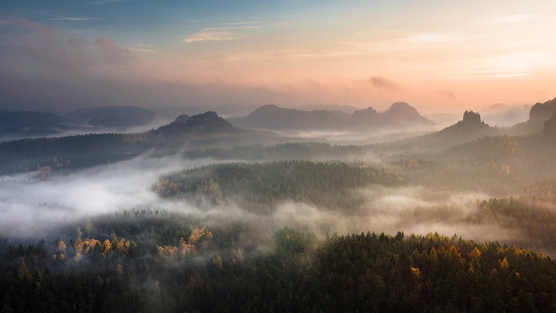 far view, sky, clouds, nature, Saxon Switzerland, fall, landscape, forest, Switzerland, trees, mist, 1080P