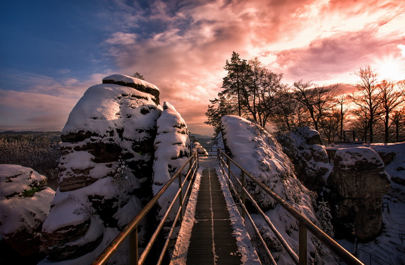 outside, application, Felsenburg, Saxony, Bridge, Sachsen, nature, screenshot, rock  Mountain, snow, 4K, Mountains, Sächsische Schweiz, Brücke, Winter