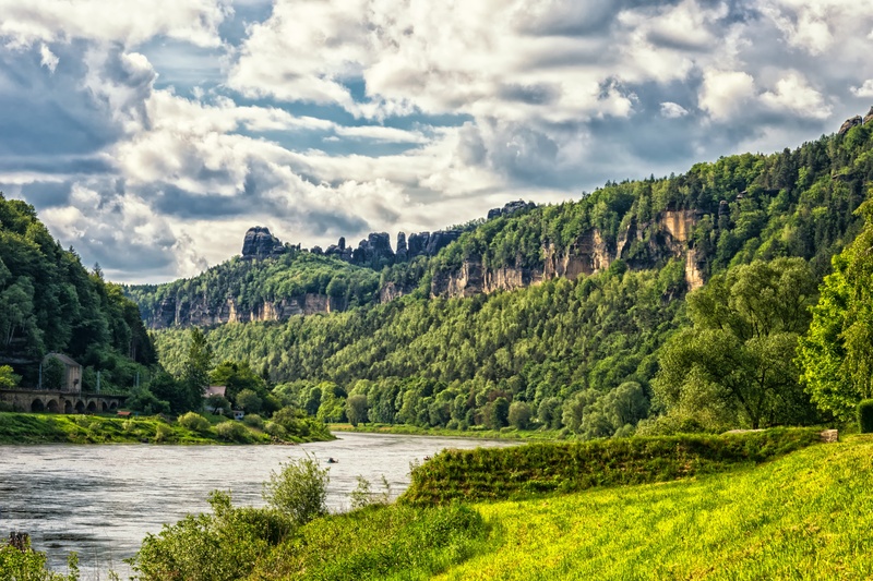 green color, trees, saxony, climb, cloud - sky, tranquil scene, idyll, non-urban scene, outdoors, rest, landscape, chill out, no people, sand stone, water