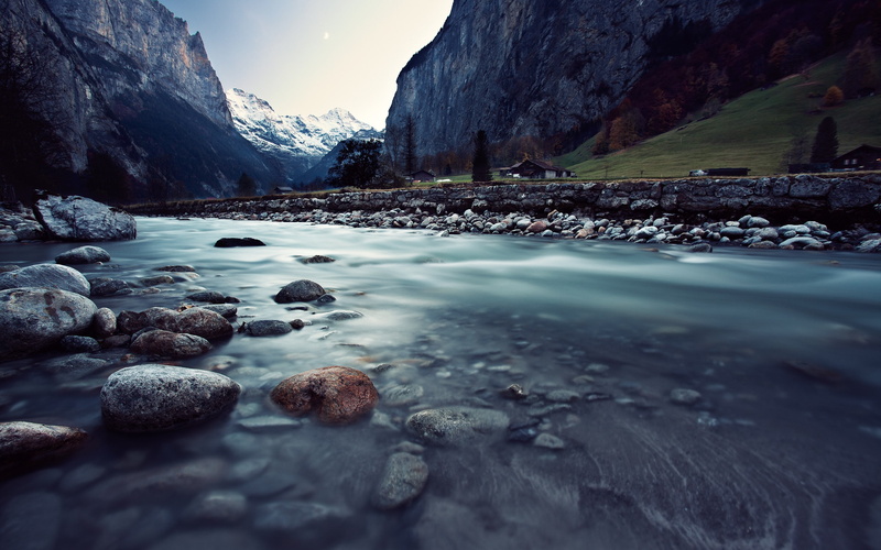 2K, stones, river, landscape, mountains, nature, Switzerland