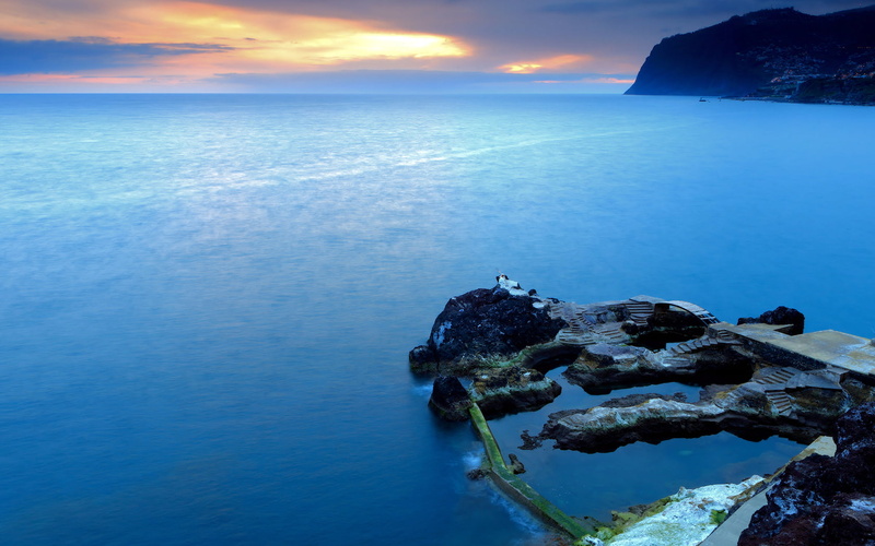 rock, sky, rock - object, horizon over water, beach, blue, cloud - sky, land, tranquil scene, body, idyllic, water, 720P, outdoors, madeira, sunset, Nature