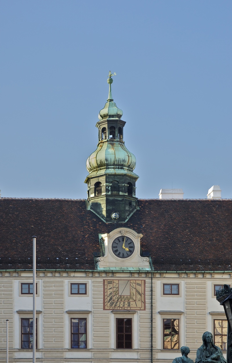 clock, outdoors, building exterior, hofburg, clear sky, day, landmark, astronomical, travel destinations, vienna, clocktower, belief, building, window