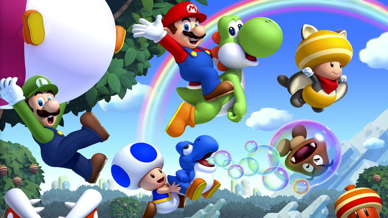 leaves, Luigi, Super Mario Bros. Or, Nintendo, Mario, trees, mushrooms, Wii U, 1080P, bubble, rainbow