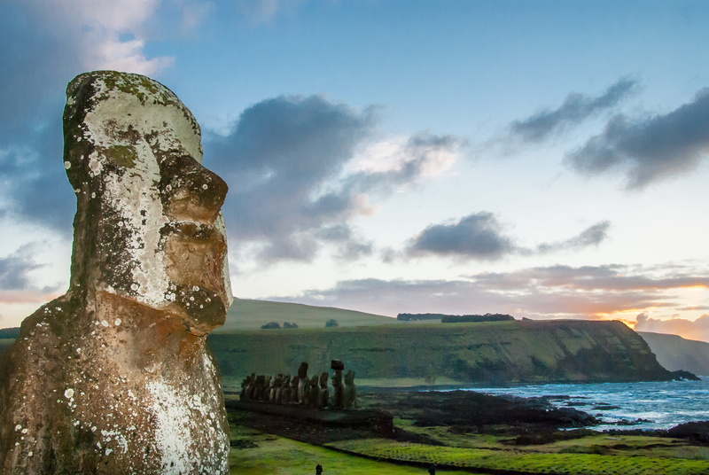 Moai, land, tranquil scene, landscape, plant, water, sky, Rapa Nui, cloud - sky, travel, the past, outdoors, Easter Island, environment, sea, non-urban scene