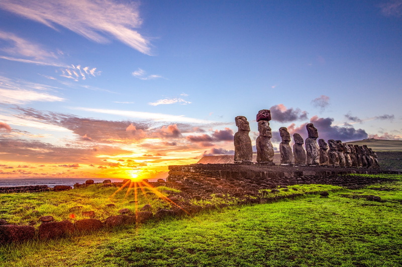 nature, history, Moai, tranquil scene, cloud - sky, sunrise, sunset, 1080P, sea, landscape, Green, tranquility, Chile, sky, land, scenics - nature, Rapa Nui