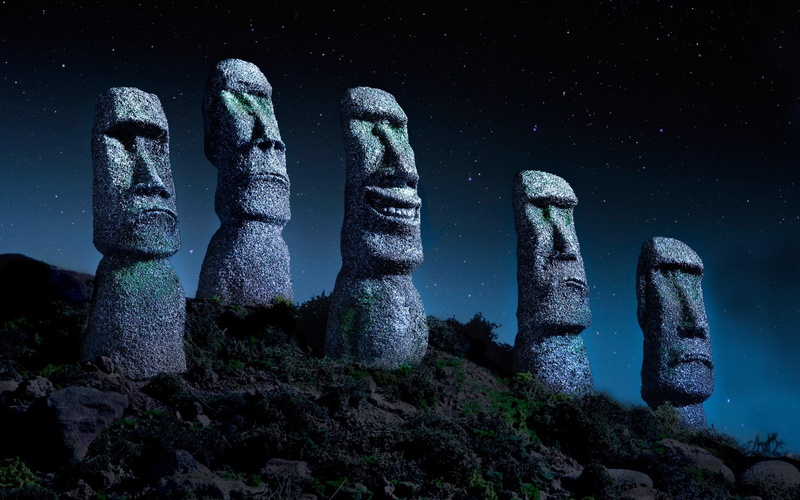 sky, no people, field, night, plant, sculpture, nature, cactus, cold temperature, easter island chile starry night statue moai stone monuments nature landscape