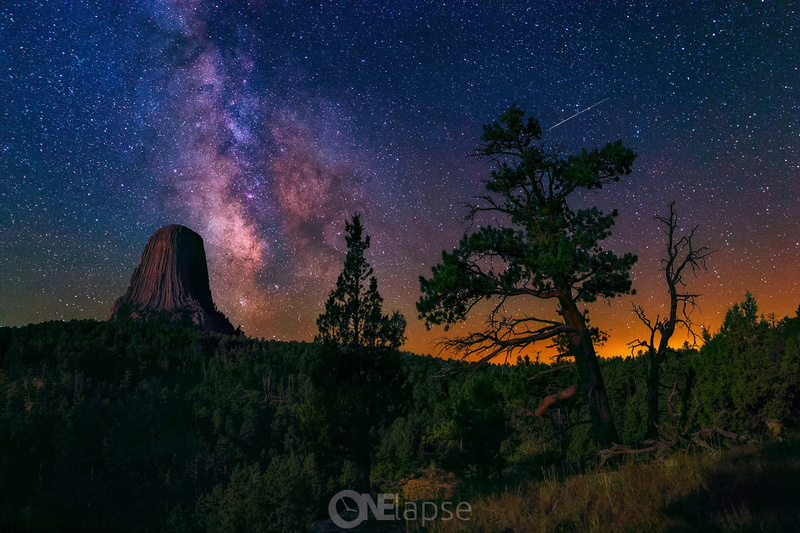 night, the milky way, 1080P, non-urban scene, galaxy, leafed, travel destinations, tree, the natural monument Devils Tower, space, outdoors, plant, trees