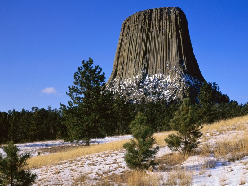 non-urban scene, beauty in nature, blue, coniferous tree, s, no People, devils tower national monument, wyoming, sky, 720P, cold temperature, nature, tranquil scene