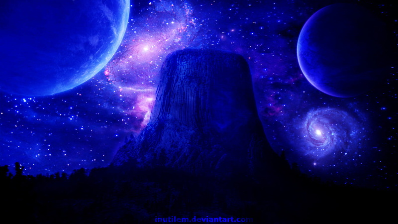 Space, astronomy, digital composite, milky way, illuminated, moonlight, futuristic, outdoors, glowing, Galaxy, blue, night, moon, Devils Tower, 720P, science