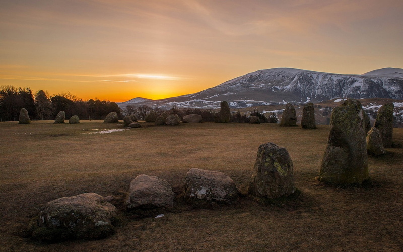 scenics, dusk, snowcapped mountain, solid, europe, stone - Object, tranquility, henge, uK, non-urban scene, stone, tourism, no people, travel Destinations