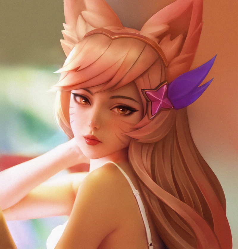 League of Legends, Ahri (League of Legends), women, looking at viewer, drawing, 1080P, portrait, Heng Yue, fox ears, long hair, hair accessories, fox girl