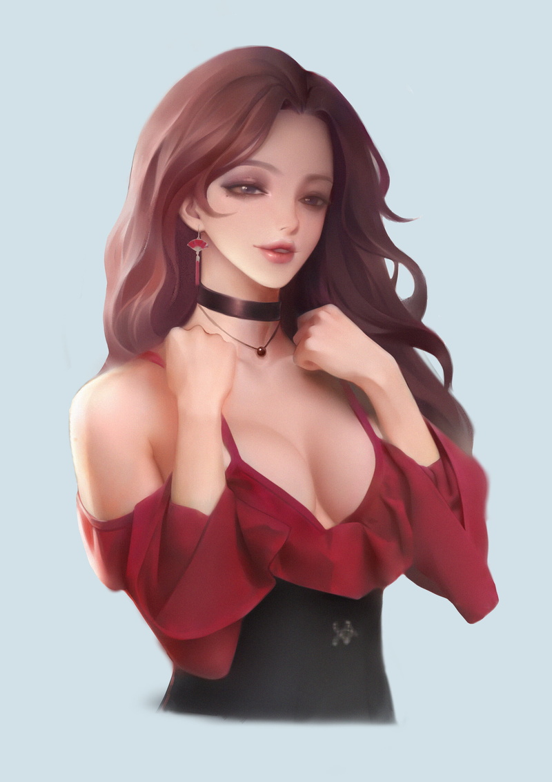 dress, women, brunette, red clothing, jewelry, necklace, makeup, portrait, eyeliner, choker, simple background, drawing, 2K, long hair, Heng Yue, wavy hair