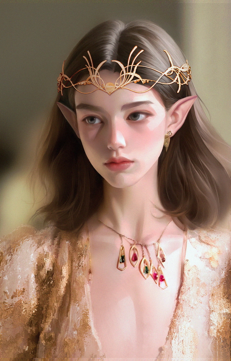 digital art, 1080P, drawing, looking away, digital painting, women, pointed ears, brunette, Heng Yue, dress, necklace, ArtStation, portrait display, artwork