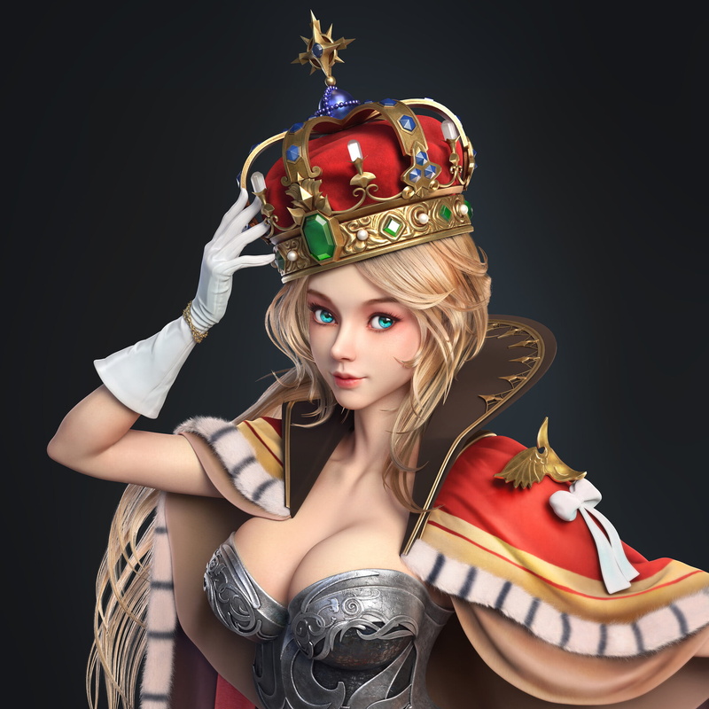 ling heng Zhang, armor, digital art, 1080P, artwork, warrior, crown, simple background, blue eyes, fantasy girl