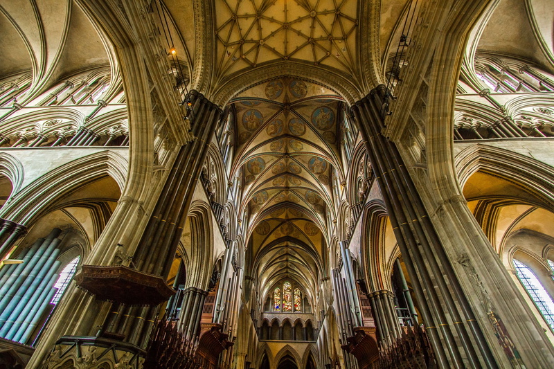 salisbury, historic building, ceiling, chapel, no people, history, building, culture, religion, church, the past, art, gothic, low angle view, 4K, belief