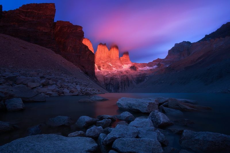 reflection, mountain, purple, lake, rock formation, nature, sky, 1080P, water, scenics - nature, outdoors, landscape, mirador las torres chile patagonia landscape nature rock