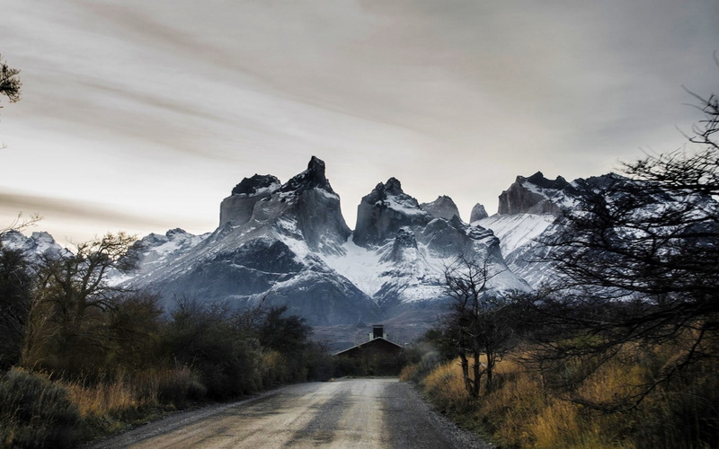 formation, snowcapped mountain, snow, Chile, snowy peak, road, the way forward, no people, winter, Torres del Paine, tranquil scene, cold temperature, trees