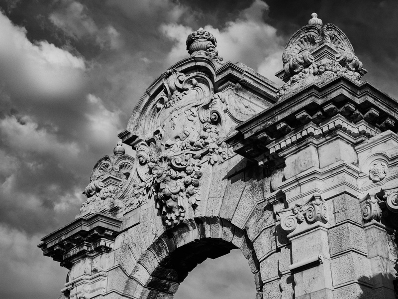 steeple, low angle view, art and craft, built structure, arched, ruins, the past, 5K, cloud - sky, travel destinations, fort, tourism, brick, cumulus
