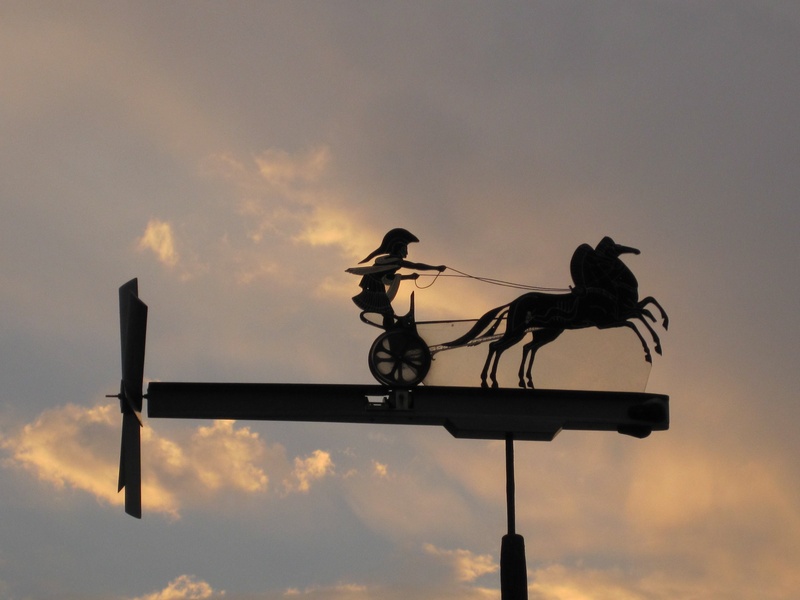sunset, silhouette, sky, horse dran war chariot, communication, soft sunset glow, bird, representation, architecture, nature, whirly-gig, outdoors, low angle view