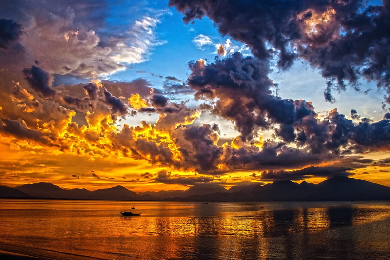 mountain, scenics - nature, non-urban scene, cloud - sky, nature, reflection, blue, sunset, orange color, 1080P, da nang bay, body, vietnam, sky, transportation