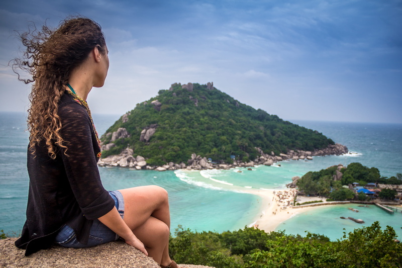 sky, summer, island, nature, sitting, sea, thailand, one person, young adult, outdoors, women, 4K, beautiful woman, looking at view, girl travel, solo travel